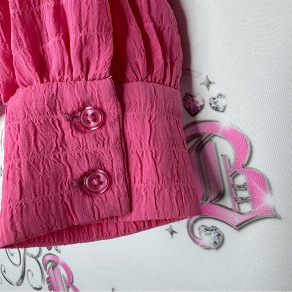 Wayf top long sleeve pink plaid print puff shoulders cute with button cuffs BNWT - Picture 6 of 13